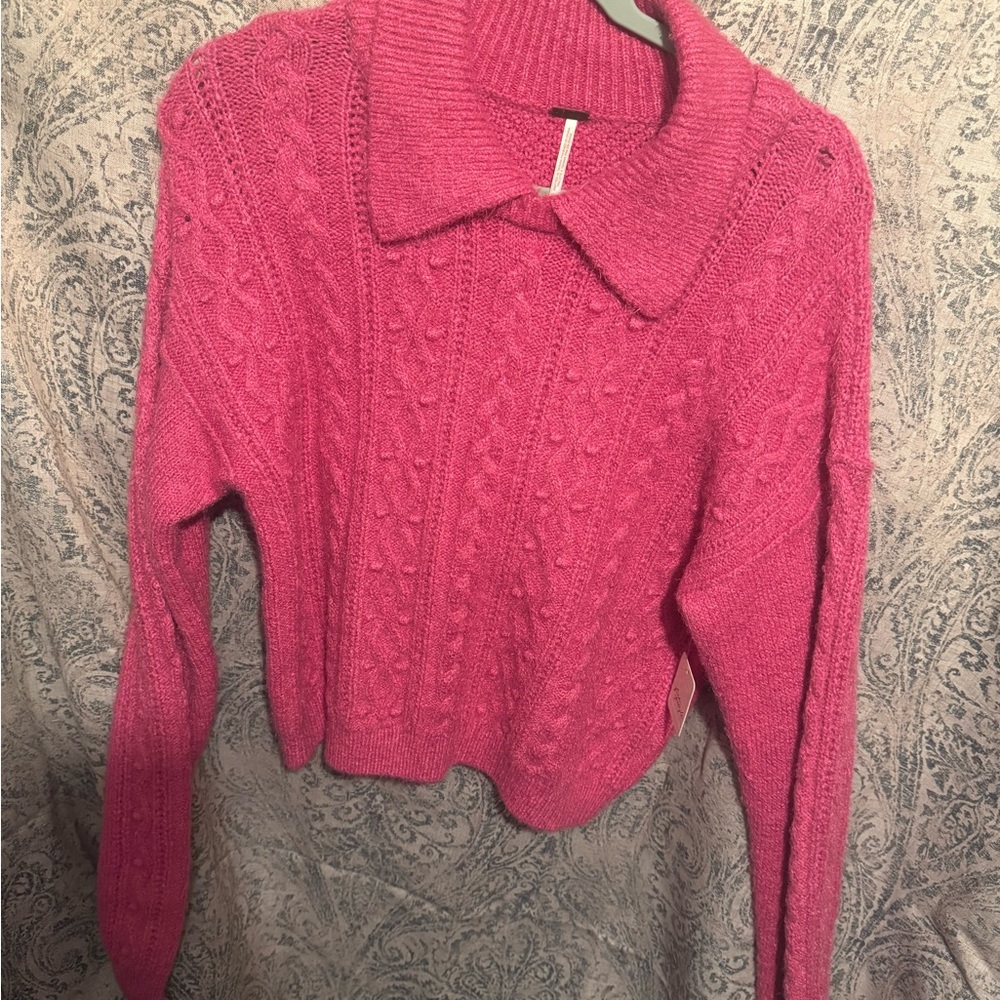 Free People Hot Pink Collared Cable Knit Sweater